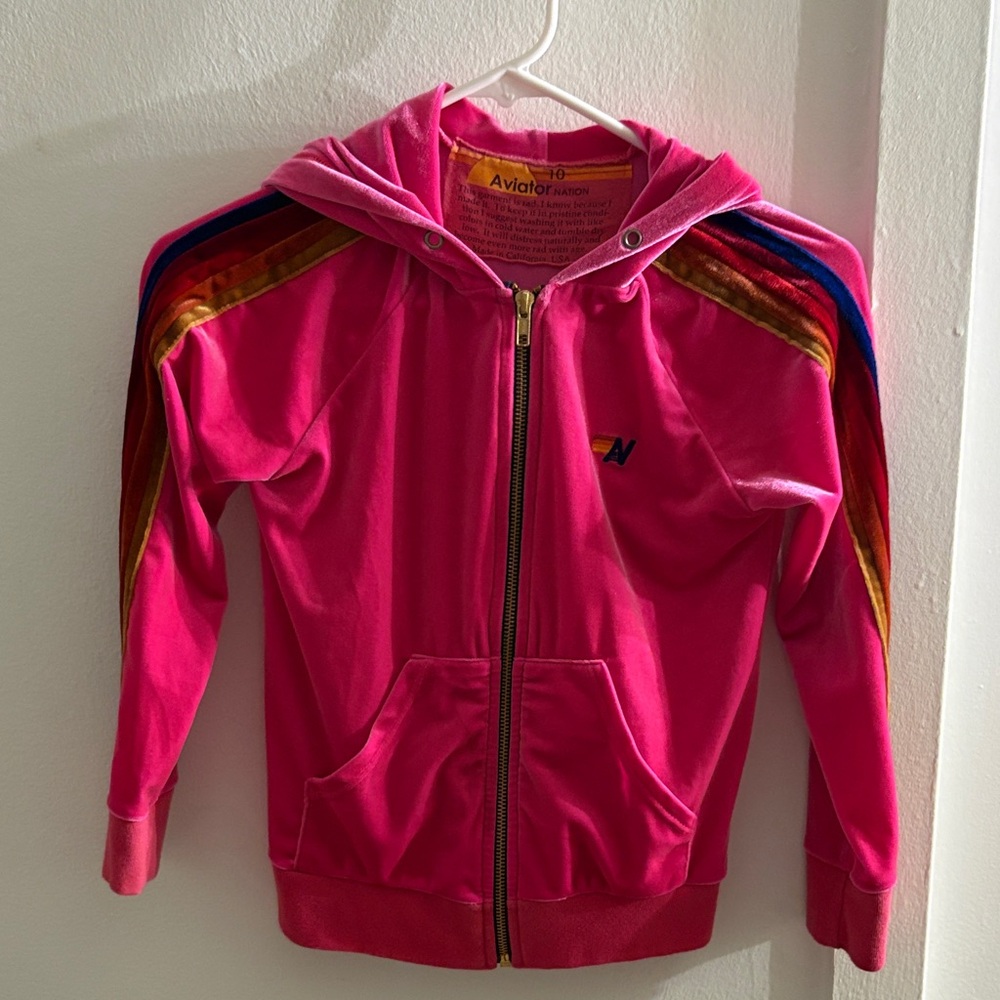 Aviator Nation Kids Hoodie in Pink with Rainbow Stripes